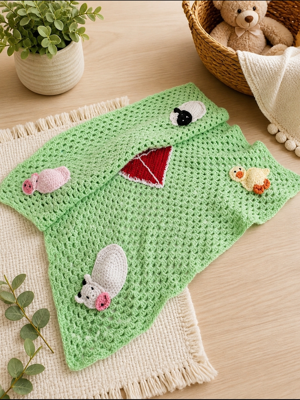 Handmade Crochet Farm Baby Blanket – Cow, Pig,Chick & Sheep – Soft Green Nursery